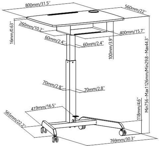 VDD Gaming - Schreibtisch - Laptoptisch - Sitz-/Stehpult - Mobil - Workstation - Laptopständer - Beistelltisch auf Rädern - Schwarz