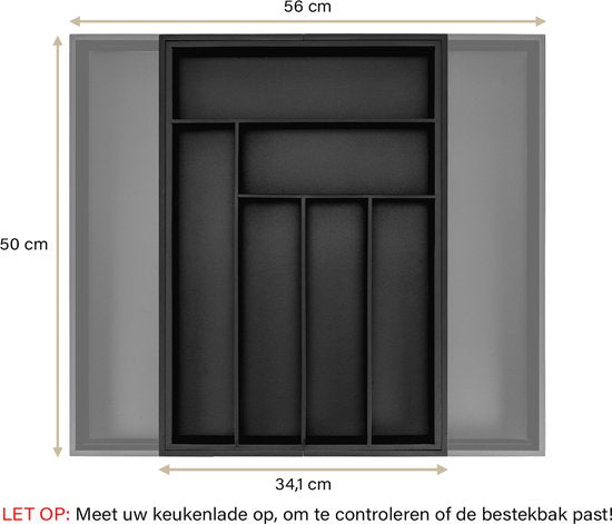 Budu Extendable Bamboo Cutlery Tray #50 (50 cm tief) - Schwarz - Besteckkassette Holz - Besteckschublade - 50 x 34.1 - 56 cm - 6/8 Fächer