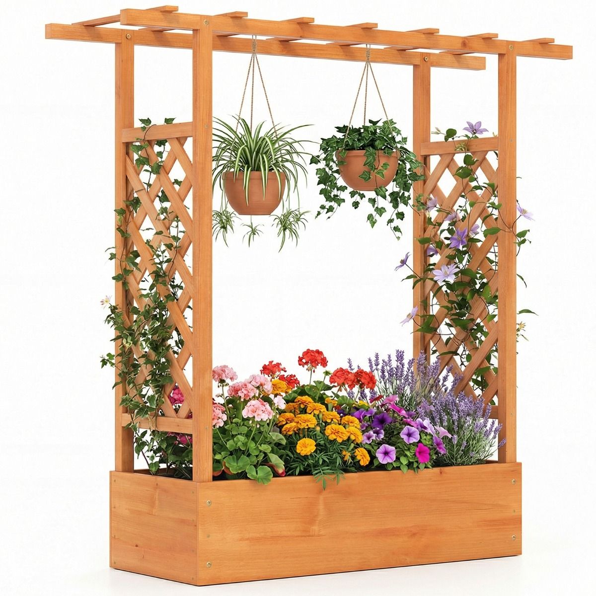 Coast Erhöhter Pflanzkübel aus Holz – Spalier und Überdachung – Abflusslöcher – Natur/Orange – 110 x 35 x 114 cm