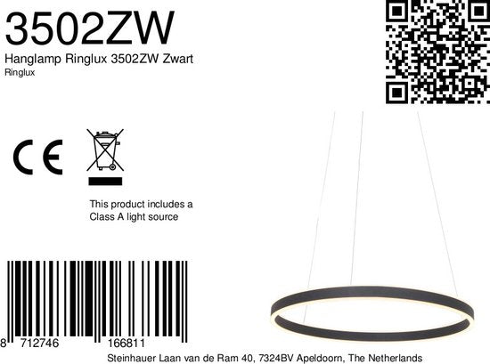 Hängeleuchte Ringlux 3502ZW Schwarz 60 cm Design Metall Steinhauer – höhenverstellbar, ideal für den Innenbereich