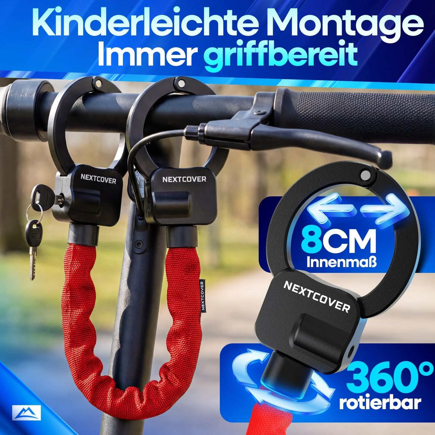 Nextcover E-Scooter-Schloss „Steel-Secure“ Kettenschloss – Rot – 25 x 13 x 13 cm – Schlüssel-Schloss für E-Bike und Roller