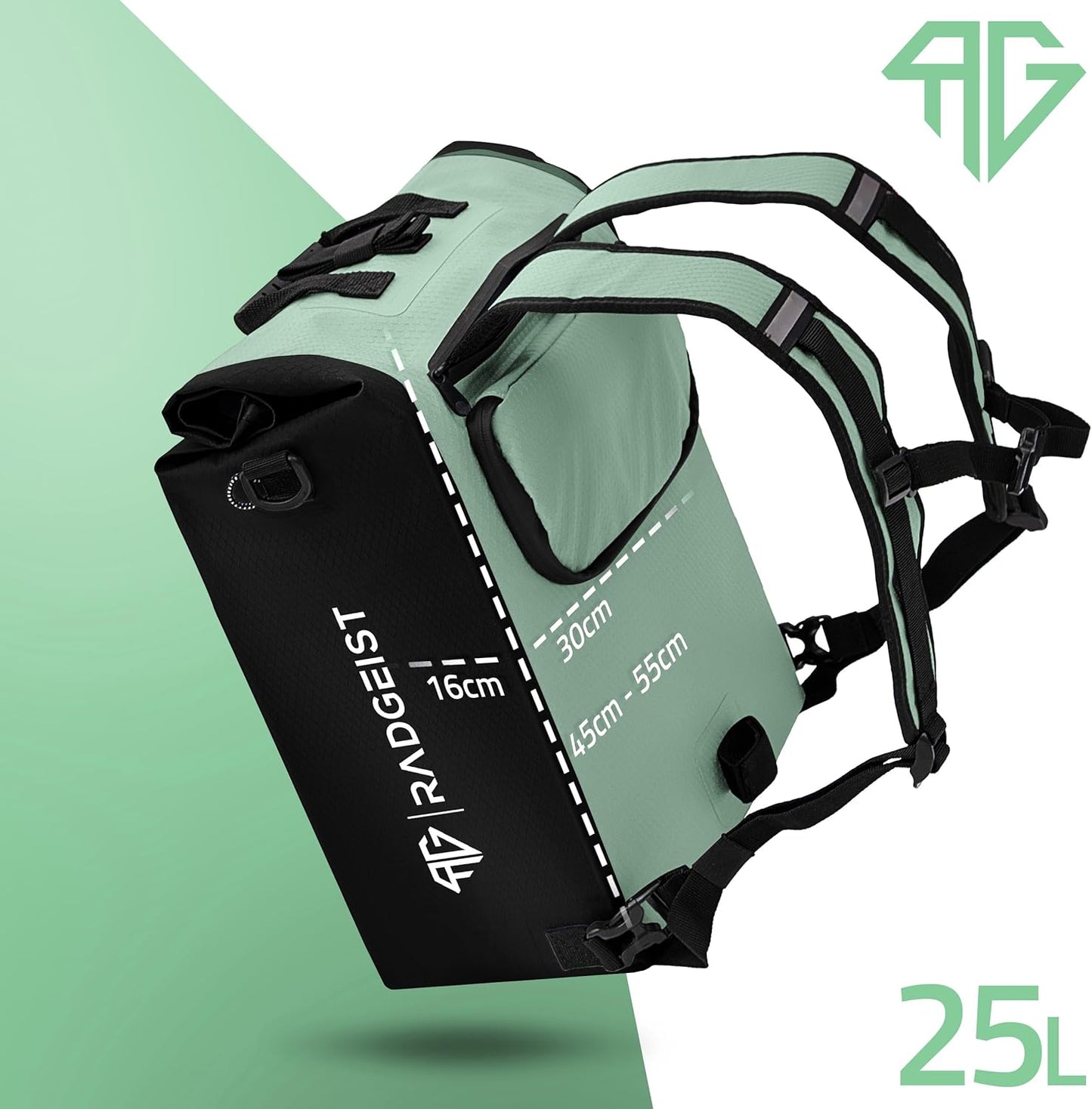 RADGEIST 3in1 Fahrradtasche - Fahrradrucksack - Tragetasche - Umhängetasche - mit Laptopfach - wasserdicht - 25L - Mint