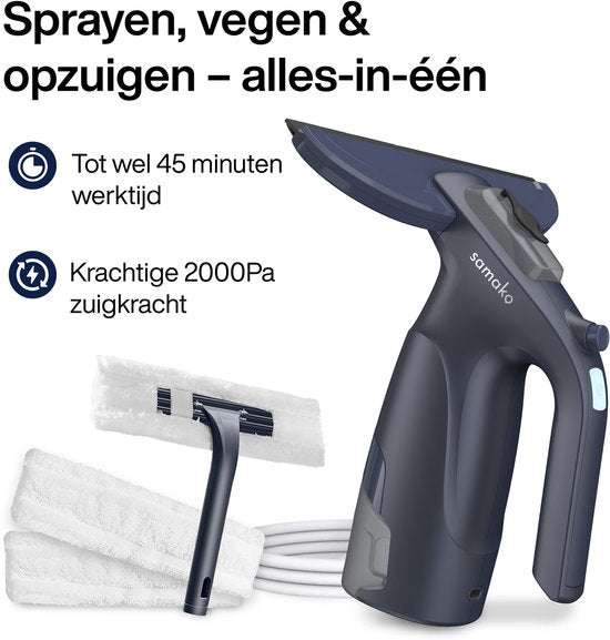 Elektrischer Fensterwischer CrystalClear - Fensterreiniger USB aufladbar - Scheibenwascher mit herausnehmbarem Behälter - Sprühfunktion - Inklusive 2 Mikrofasertücher - Samako