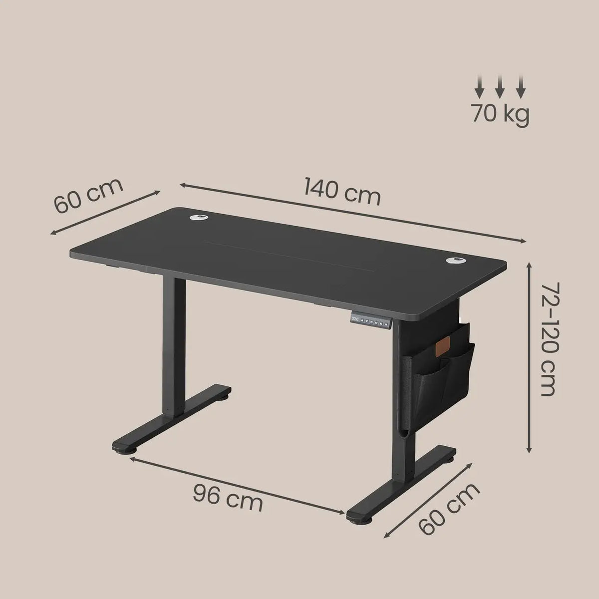 Ochama höhenverstellbarer Schreibtisch, 140 x 60 cm, mit Speicherfunktion und USB-C-Anschluss, schwarz