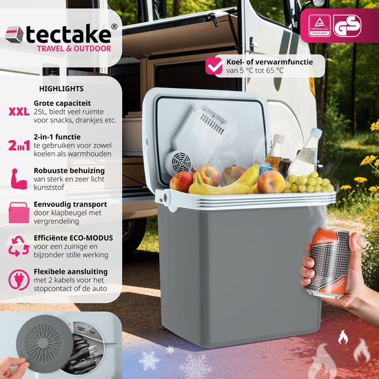 tectake - Elektrische Kühlbox mit 25 l - Kühl- und Warmhaltefunktion - Leise elektrische Kühltasche - Für Auto oder Steckdose - Mini-Kühlschrank für Camping, Getränke - Thermobox mit Strom - Eco Mode