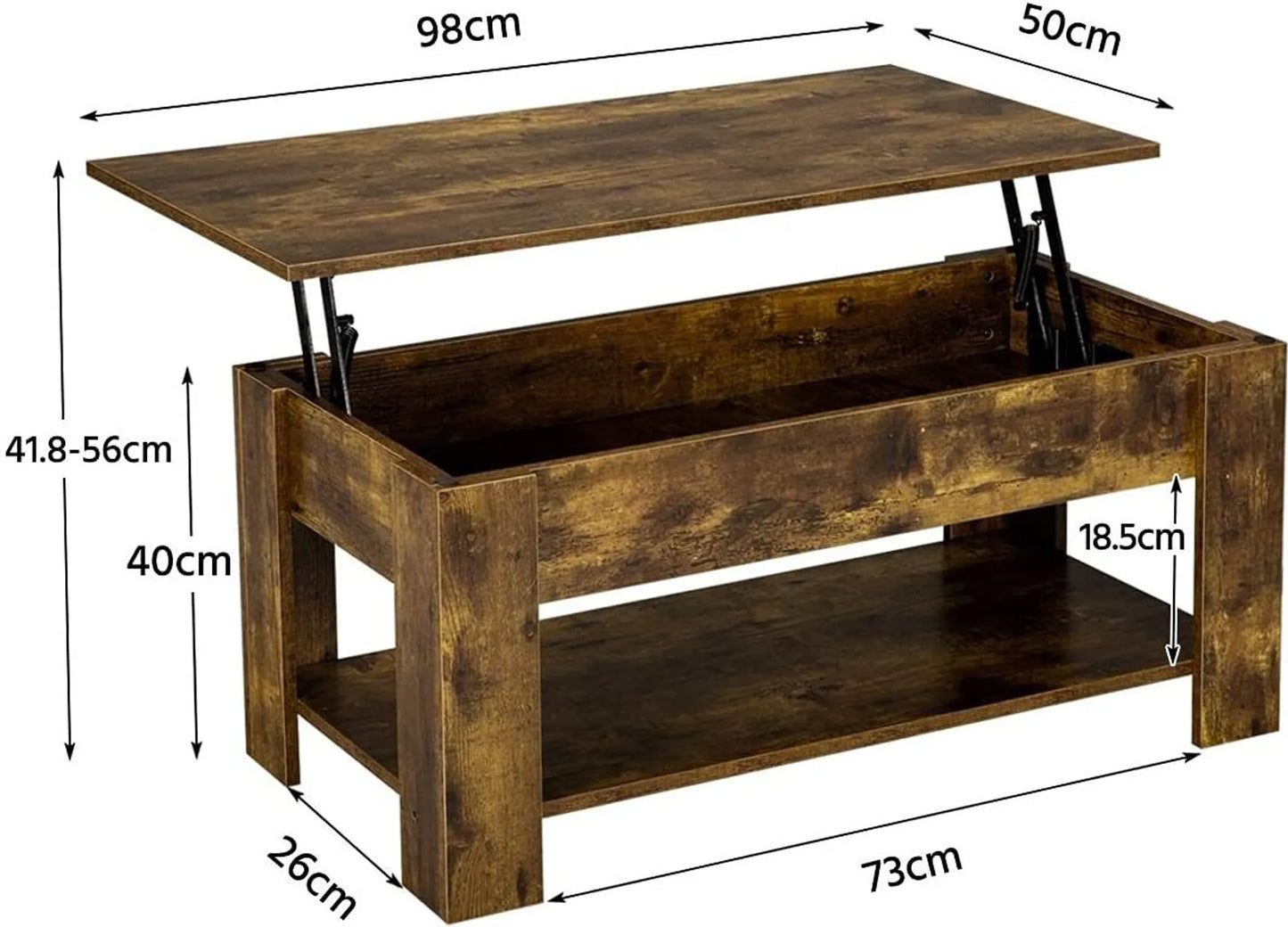 Yaheetech Couchtisch mit Lift-Top-Funktion - verfügt über versteckte Lagerung und Metall-Mechanismus und unten Regal - für Wohnzimmer und Büro - Vintage braun-schwarz Mdf und Metall - 98 x 50 x 41,8-55 cm