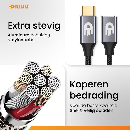 Drivv. USB-C-Verlängerungskabel 3.2 - Stecker auf Buchse - Schnellladung / Schnellladegerät - USB-C-Daten- und Ladekabel - 3 Meter - Geeignet für Samsung, iPhone 15 & mehr - Grau