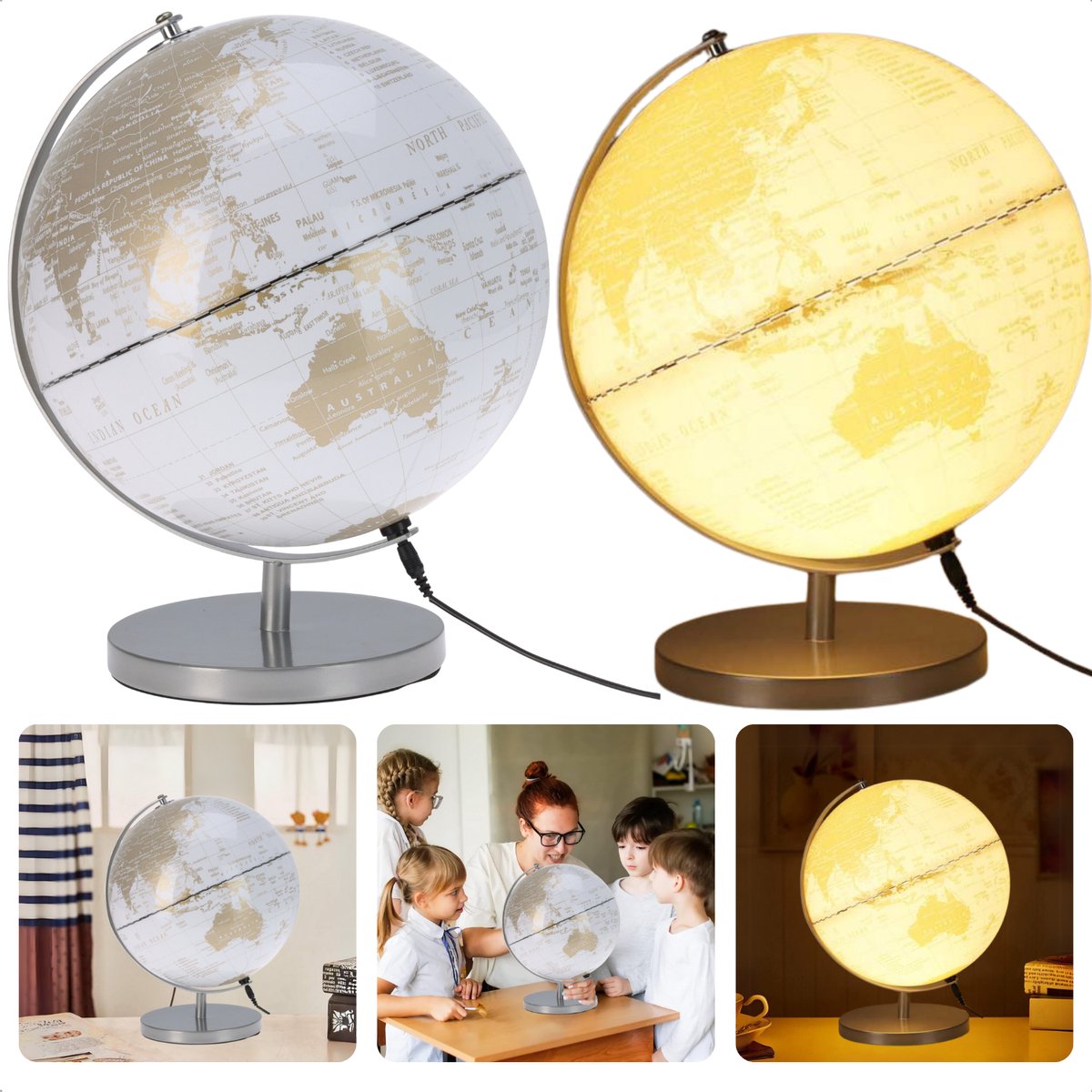 Cheqo® Globuslampe 31 cm - LED-Kugel mit Beleuchtung - Weißgold - Dekorative USB-Kugellampe