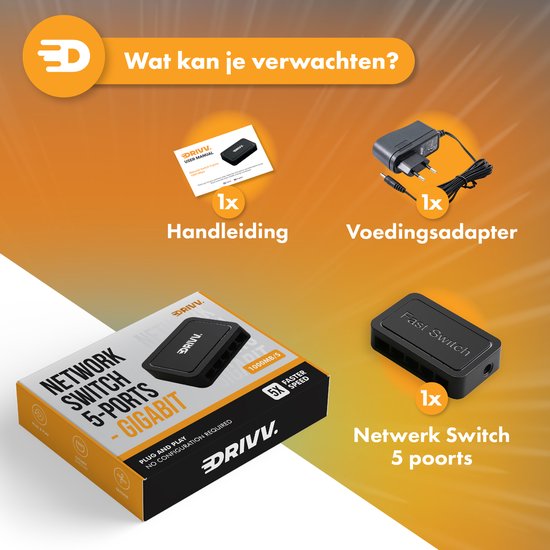 Drivv. Netzwerk-Switch - bis zu 1000Mbps - 5 Ports - Internet-Switch - RJ45-Splitter - schwarz