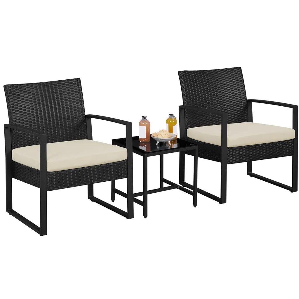 Yaheetech Gartenmöbel-Set, 3-teilig – Schwarz/Beige – Balkon-Set aus Polyrattan mit Beistelltisch und Glasplatte