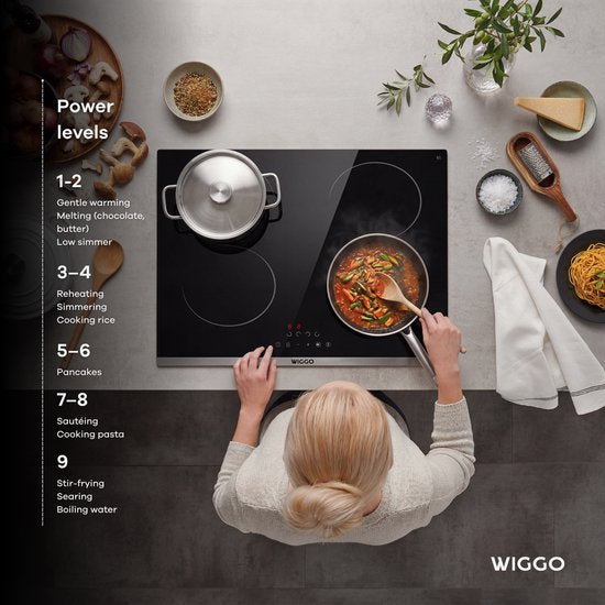 Wiggo WH-E614G(B) – Einbau-Induktionskochfeld – 60 cm – 4 Kochzonen – Schieberegler – 1-phasig, ohne Stecker – 5 Jahre Garantie – Schwarz