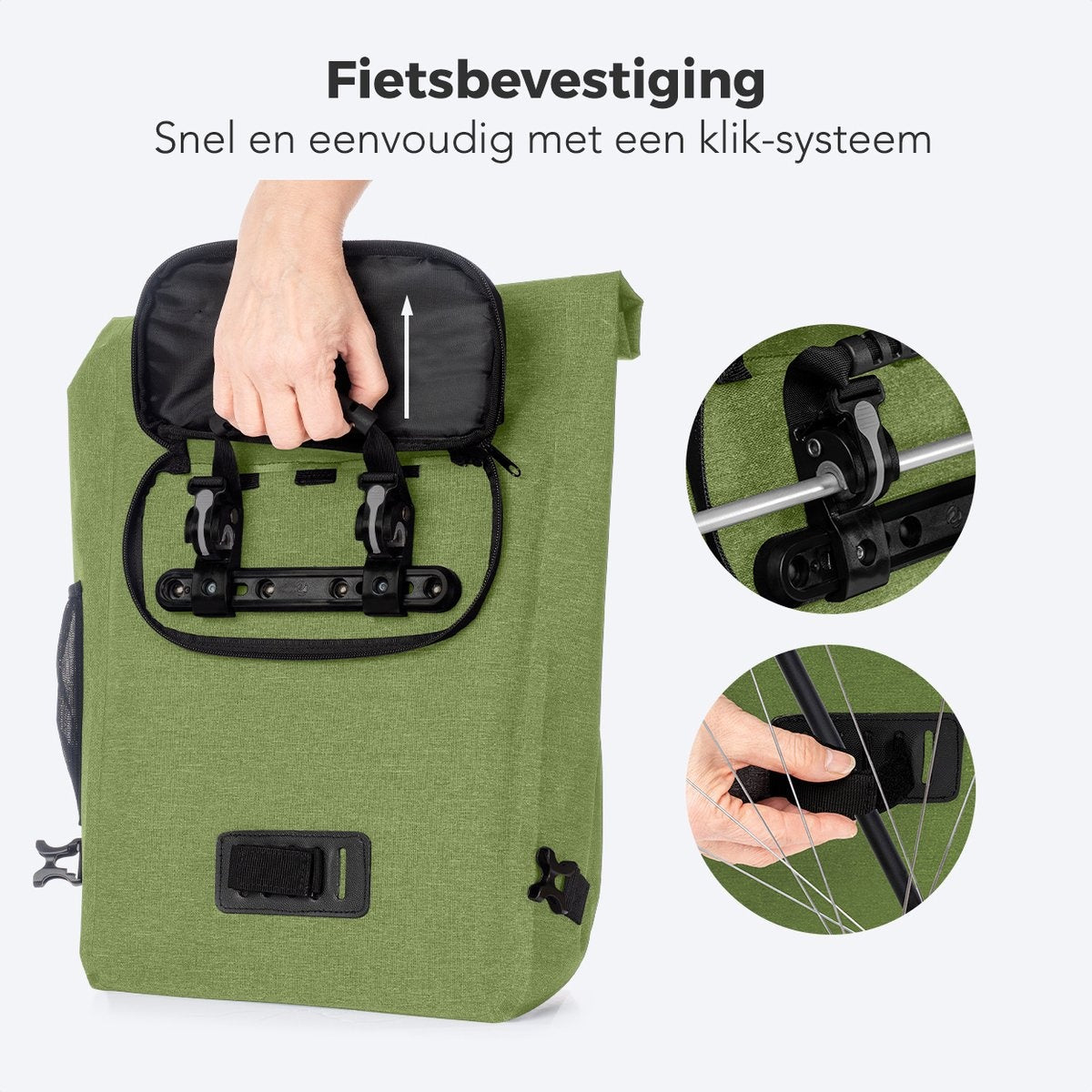 LifeGoods Single Bicycle Bag - Kompakt - Umhängetasche und Rucksack - 25L - Runder Gepäckträger - Wasserdicht - Olivgrün