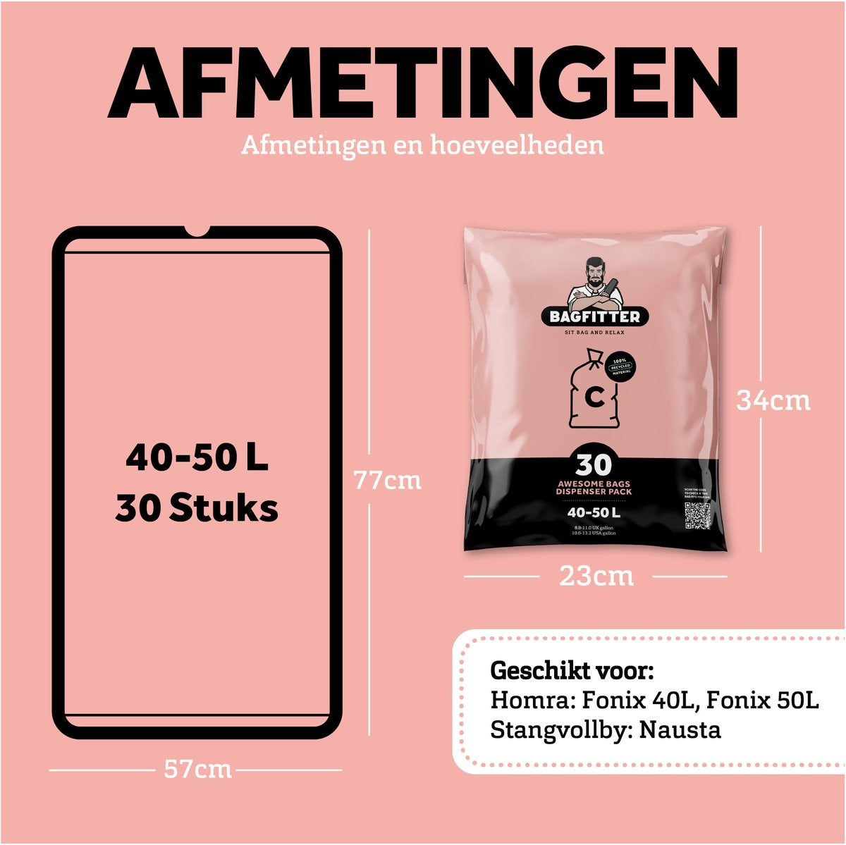 BagFitter Pink C 40L bis 50L Müllbeutel mit Gurt aus 100% recyceltem Kunststoff - 77cm x 57cm - 30 Stück - 40-50 Liter - Müllsäcke - Müllbeutel passend für Homra Fonix und StangVollby Nausta u.a.