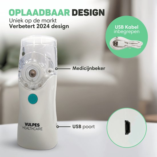 Vulpes Goods® HealthCare - Aerosolgerät - Ultraschallvernebler Inhalator - Vernebler - Inhalator für Kinder, Erwachsene und Babys - Wiederaufladbar - 2 Modi - Hilft gegen Atemwegserkrankungen - Inkl. 4 Düsen & Deluxe Reiseetui
