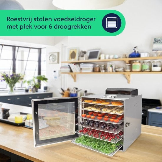 Vita5 Nobel S Food Dehydrator - Dörrgerät - Edelstahl - 24-Stunden-Timer - 30-90Â°C - 400 Watt - LED-Kontrollfeld - Dehydrator - 6 Schichten