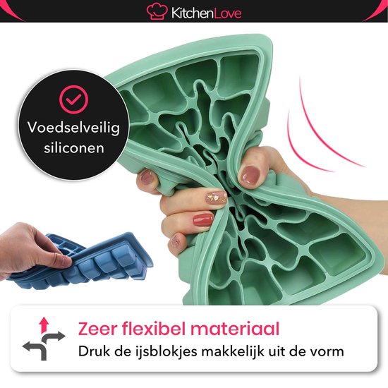 KitchenLove Silikon Eiswürfelform mit Deckel (2 Stück) - 56 Eiswürfel - Quadratisch - BPA frei - 100% Silikon - Grün & Blau