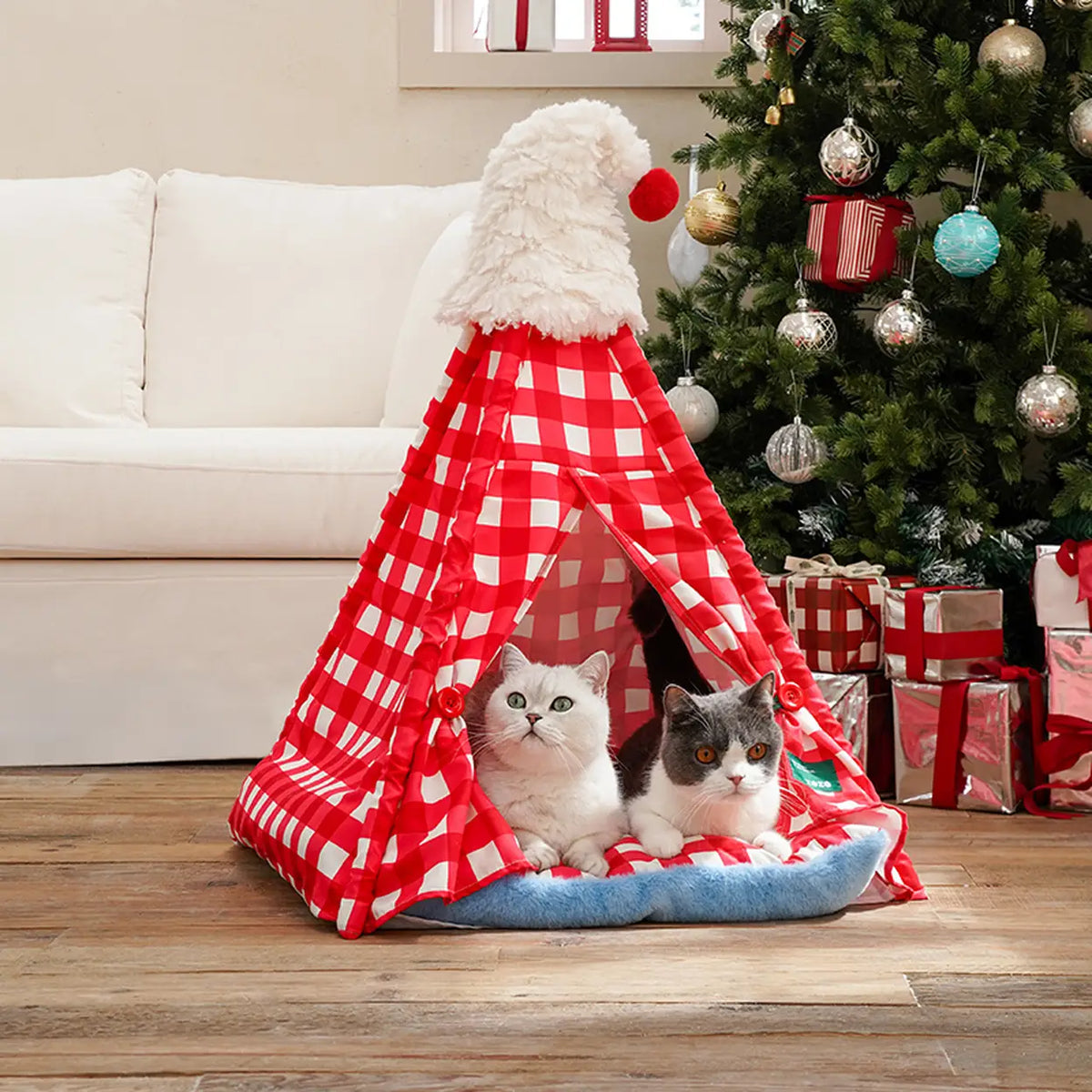 zeze Haustierzelt mit Weihnachtsmütze – rot-weiß kariert – 60 × 60 × 78 cm