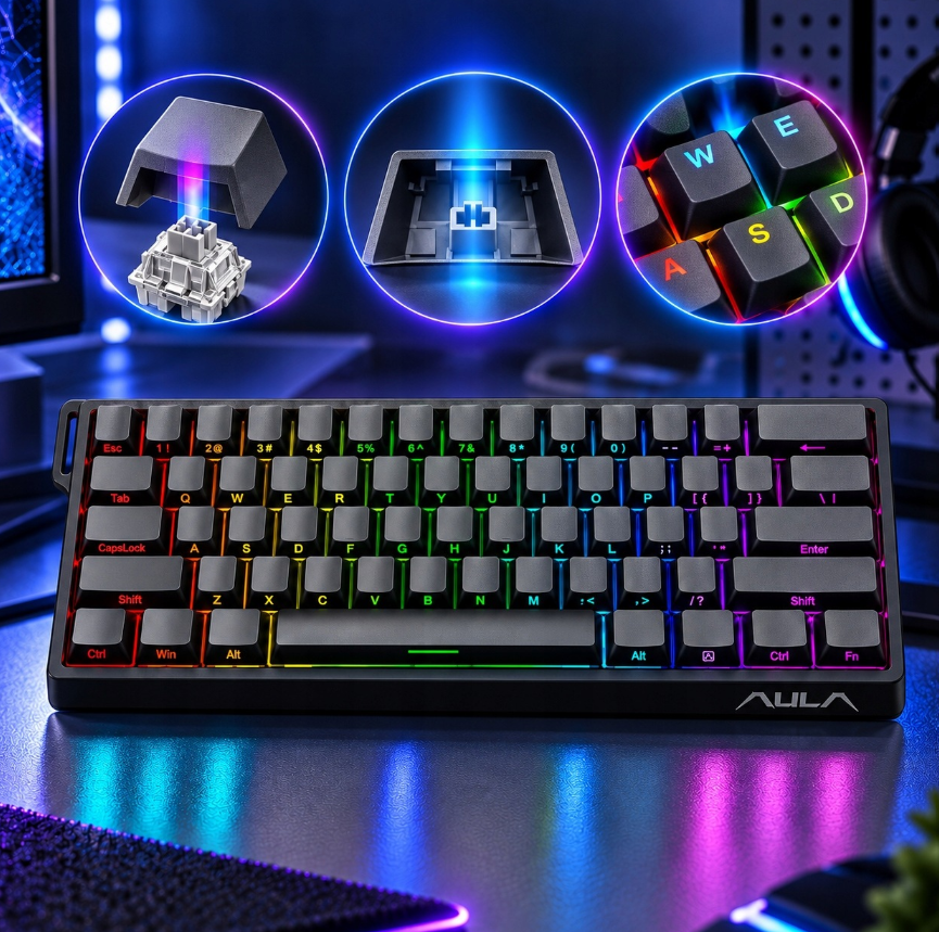 AULA WIN60 HE Gaming-Tastatur – 60 % kompakt – magnetische Schalter – 8000 Hz – Rapid Trigger – RGB – 30,2 x 10,9 cm