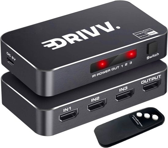 Drivv. HDMI Umschalter 4K 60Hz - 3 Eingänge 1 Ausgang - Inklusive Fernbedienung - Automatische Umschaltung - 780/1080p/4K - Schwarz