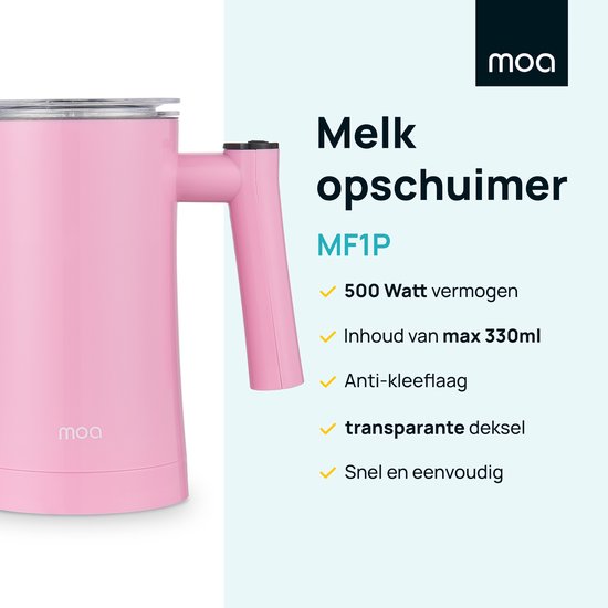 MOA Elektrischer Milchaufschäumer - 3-in-1 - Handlicher Milchaufschäumer - 330 ML - Für Cappuccino - Milchschneebesen - Pink