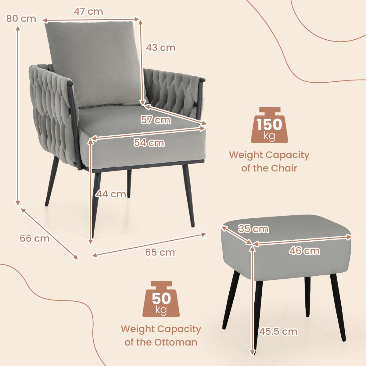 coast Modern Dutch Velvet Side Chair and Footstool Set - Grau - 66x65x80 cm | 46x35x45,5 cm