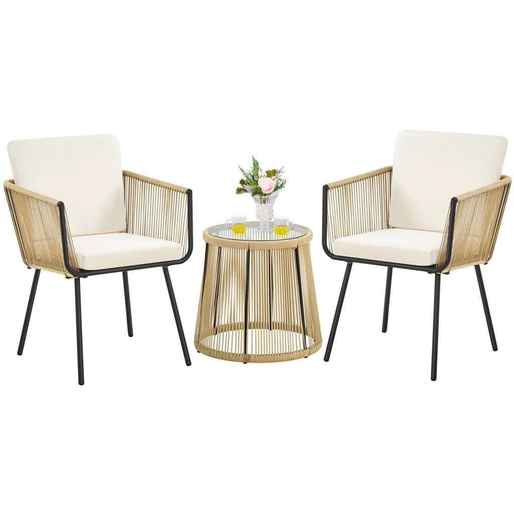 Yaheetech Gartenmöbel-Set, 3-teilig – Hellbraun/Cremefarben – Balkon-Set aus Polyrattan mit rundem Beistelltisch sowie Sitz- und Rückenkissen