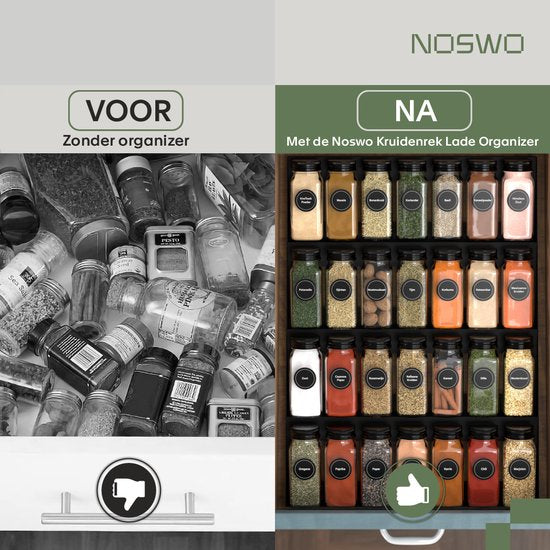 Noswo Gewürzregal Schublade - Mit 28 Gläsern - Komplettset - Quadratisch - Streudeckel und Etiketten - Gewürzorganisator - Küchenschubladenorganisator - Schwarz