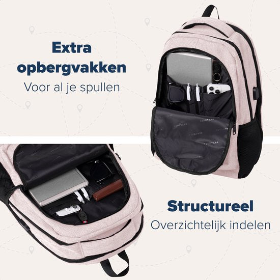 TRVLMORE Rucksack - 36L - 17 Zoll - Laptop-Rucksack mit USB - Schultasche - Herren und Damen - Tasche Pink
