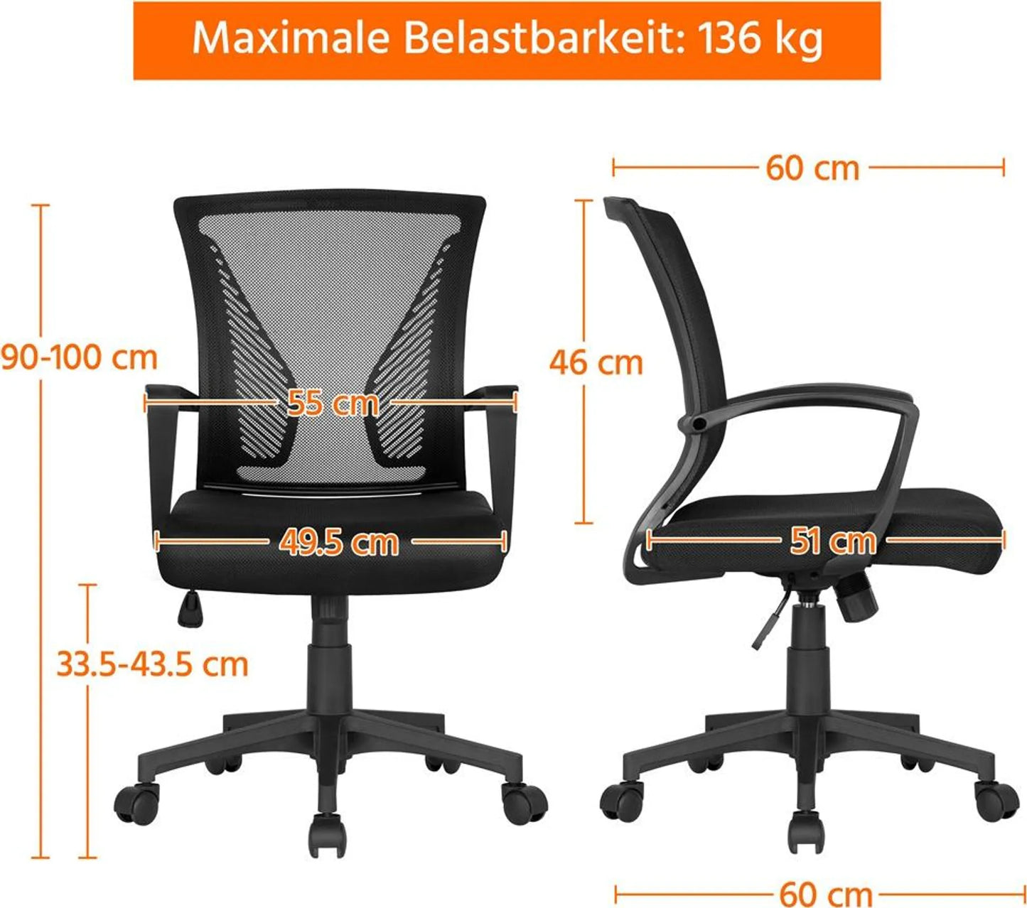 Yaheetech Bürostuhl Ergonomisch - Features Atmungsaktive Mesh-Gewebe und Rocking-Funktion und verstellbare Sitzhöhe - für Büro und Studie - Schwarz Nylon und Metall - 60 x 60 x 91-100,5 cm
