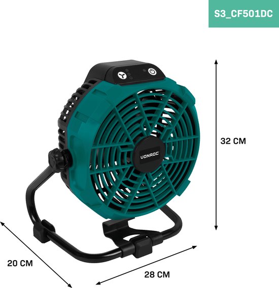 VONROC Ventilator 20V - für kabellosen und kabelgebundenen Einsatz - Inkl. Netzadapter - Inkl. 20V - 4.0Ah Akku und Schnellladegerät