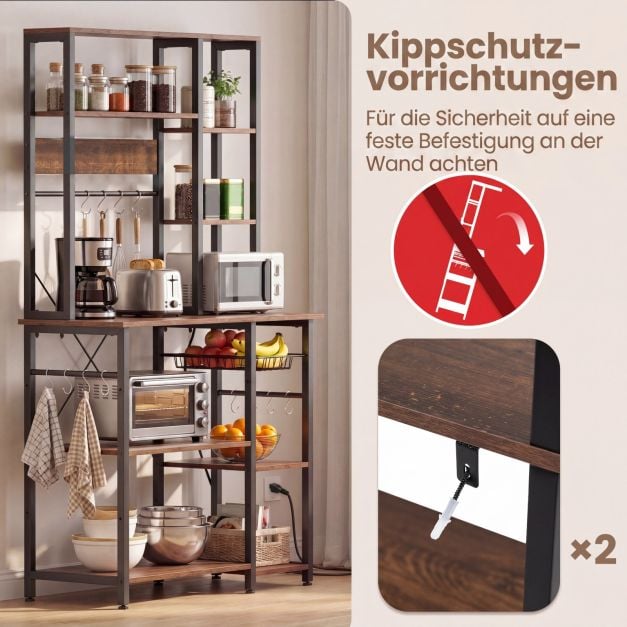 Coast 6-lagiges Küchenregal mit Steckdose – Mikrowellenregal mit ausziehbarem Drahtkorb, 12 Haken und USB-Anschluss, 99 × 40 × 170 cm – Rustikales Braun/Schwarz