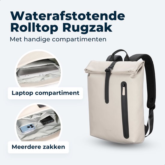 Pathsail Rolltop Rucksack - 13.5L - 15.6 Zoll - Beige - Wasserabweisend - Metallschnalle - Laptop-Fach