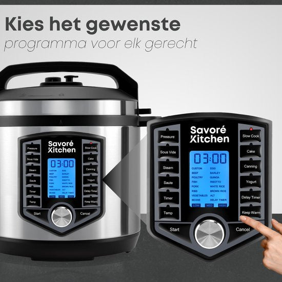 Savoré Kitchen Schnellkochtopf - 6L - PFAS frei - Reiskocher, Slow Cooker, Dampfgarer & Sous-Vide - Multikocher