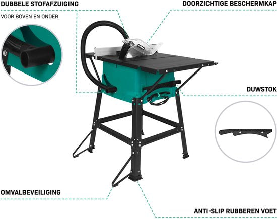 VONROC Sägetisch 2000W - Ø250mm - Große Arbeitsfläche - Sägewinkel einstellbar von 0° bis 45° - Mit Soft-Start-Technik - Inkl. 60T Sägeblatt und Ständer