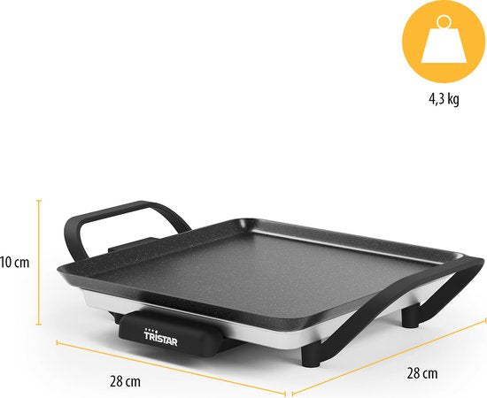 Tristar Backplatte – BP-2666 – Gourmet, Grillplatte S 28 x 28 cm – für 2 Personen – 800 W – einstellbarer Thermostat – für den Campinggebrauch geeignet