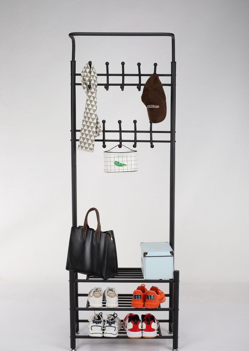 O'DADDYÂ¬Ã† Garderobenständer stehend - Garderobe mit Schuhablage - 18 Haken 2 Lagen Schuhablage 6 Paar - Garderobenständer Metall - 66 x 30 x 190 cm - schwarz