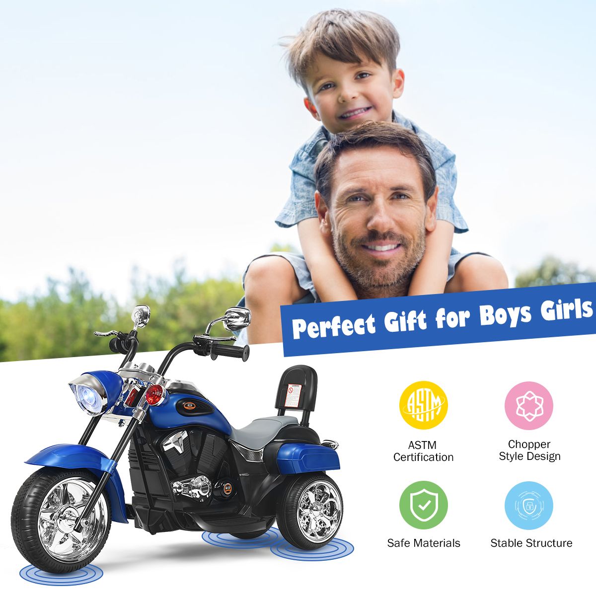 Coast Elektromotorrad für Kinder – Chopper-Stil – Verstellbarer Scheinwerfer – Musikfunktion – Blau und Schwarz – 91 x 48 x 64 cm