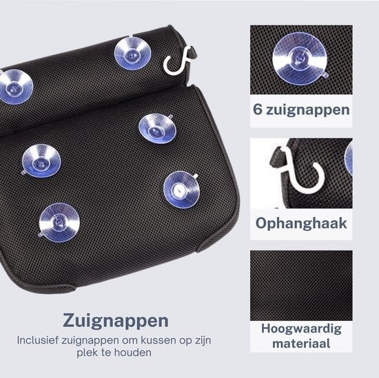 Earkings Badekissen mit 6 Saugnäpfen und Aufhängehaken - Badekissen für die Badewanne - Badezubehör Nackenkissen Bad - Kopfstütze Bad Schwarz