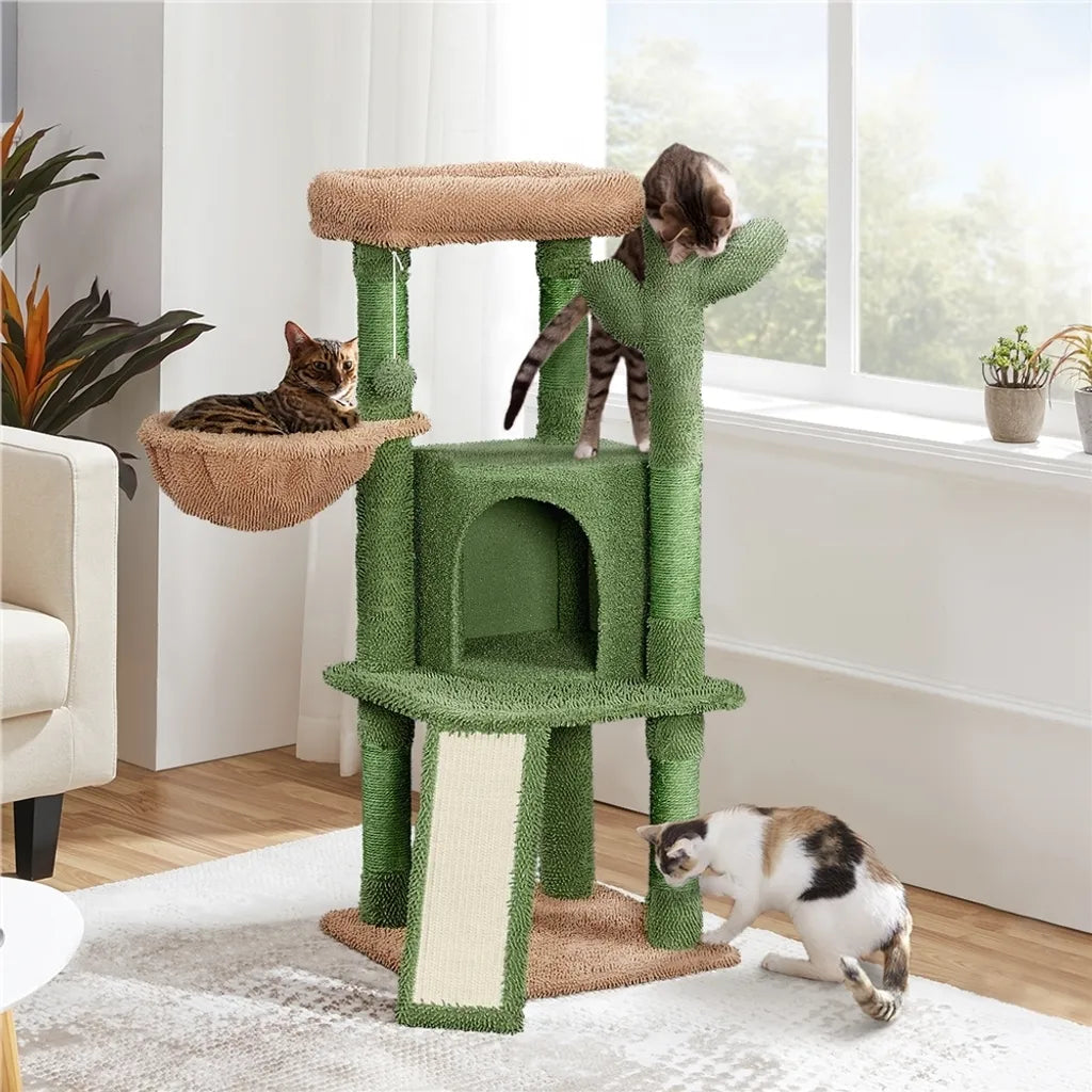 Yaheetech Kaktus Kratzbaum XS 42,5 x 42,5 x 106,5 cm – Grün/Braun – Kratzbaum mit Katzenhaus, Hängekorb und Sisalstangen