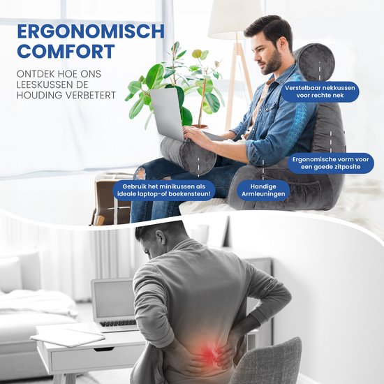 TTD® Premium XXL Lesekissen mit Nackenrolle - Lesesitz - Lesekissen fürs Bett - Ergonomisches Sitzkissen mit verstellbarer Polsterung - Buchkissen - Inklusive extra Minikissen - Samtig weich - Waschbarer Bezug