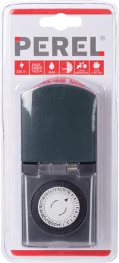 Perel Analoge Zeitschaltuhr, mechanisch, 230 V, 16 A, 3680 W, IP44, für den Außenbereich, deutsche Erdung Typ F, schwarz