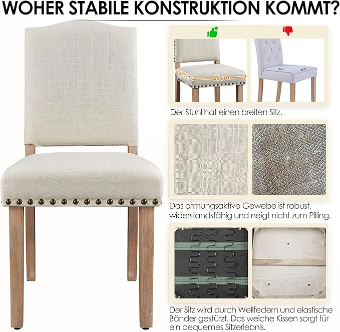 Yaheetech Esszimmerstühle, 2er-Set, gepolstert, mit Holzbeinen – Beige – max. 136 kg