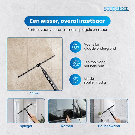 SolidStock Luxus-Bodenwischer aus Edelstahl – Bodenwischer mit Stiel – Längenverstellbar von 38,5 bis 129 cm – Wischer für Dusche und Badezimmerboden – Ausziehbarer Duschwischer – Schwarz