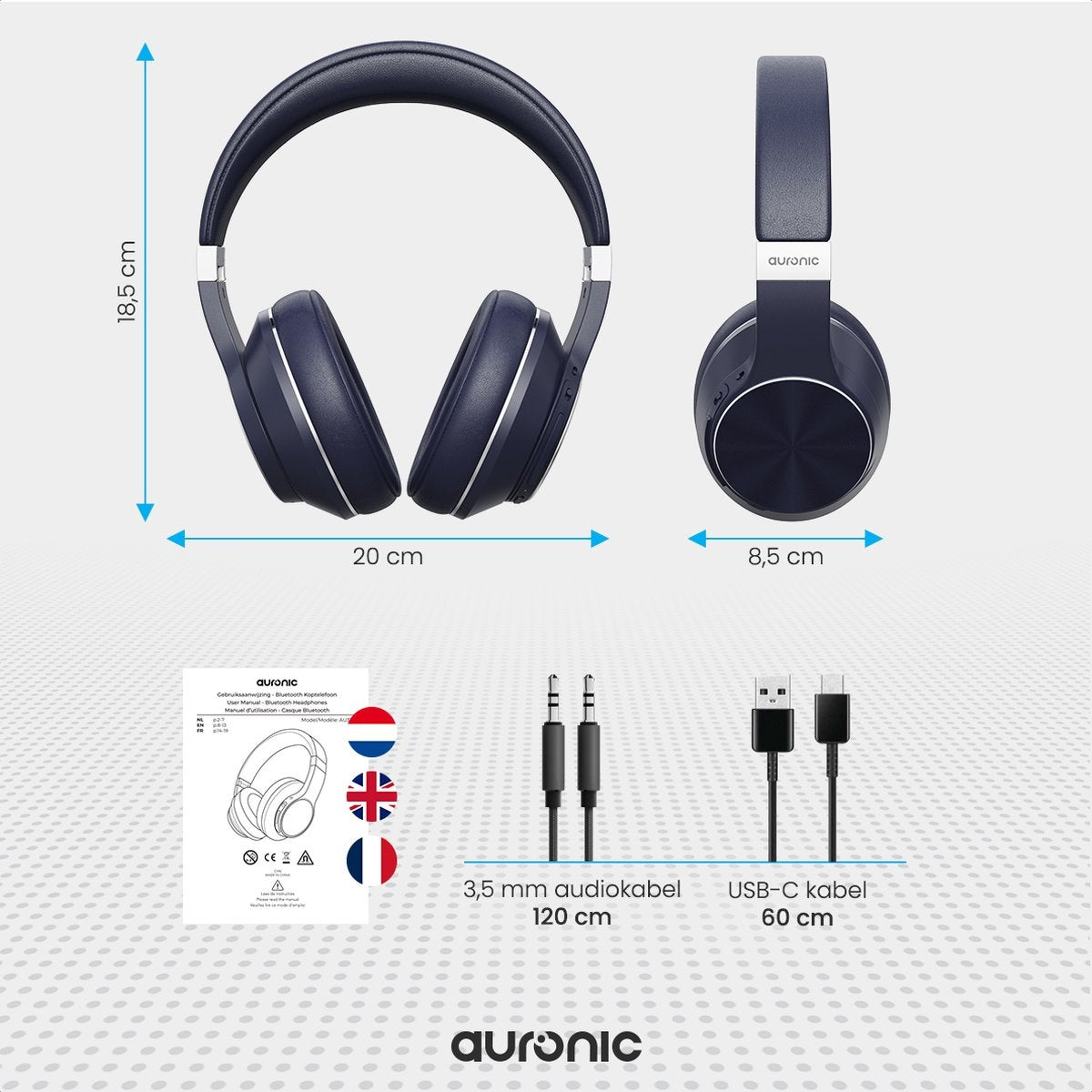 Auronic QuietSound Bluetooth-Kopfhörer kabellos - Over-Ear - aktive Geräuschunterdrückung - Mikrofon - inkl. Tragetasche - Blau