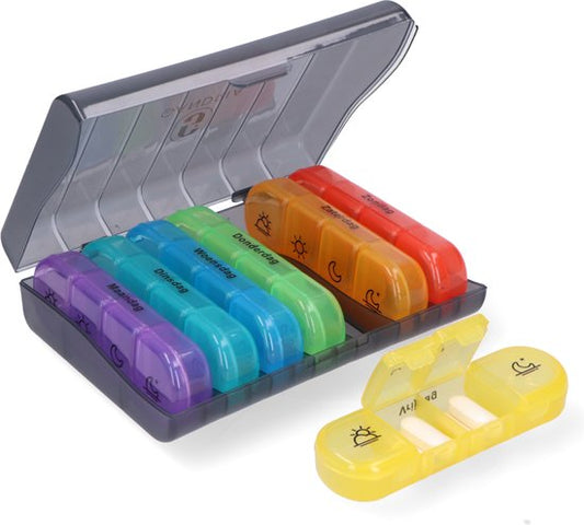 Gandria Pillenbox 7 Tage - Herausnehmbare Pillenbox - Medizinbox mit 28 Fächern - Medizinbox mit stabilem Verschluss - 4 Fächer pro Tag - 7 Farben
