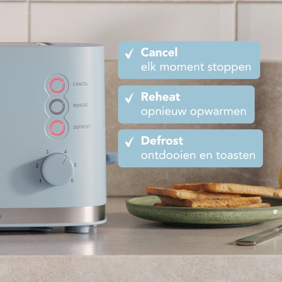 KitchenBrothers Toaster - Toaster - 6 einstellbare Wärmestufen - 2 extra breite Schlitze - 870W - Pastellblau