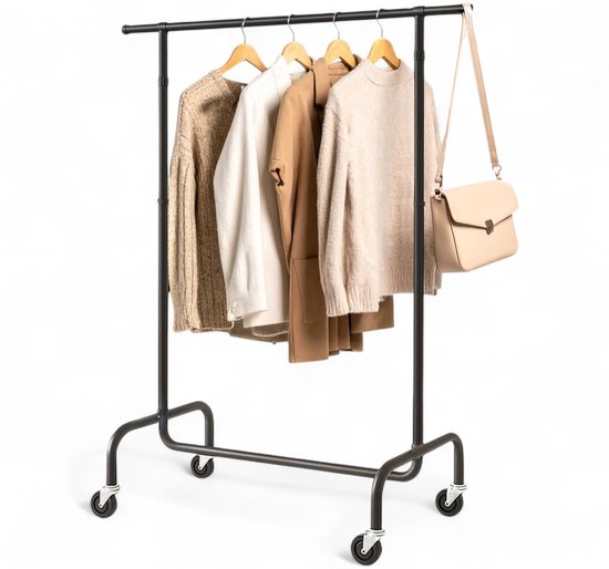 Goliving Kleiderständer auf Rädern XL - Ausziehbarer Kleiderständer 112-150 cm - 130kg Tragkraft - Stabiler Kleiderständer - Metall - Schwarz