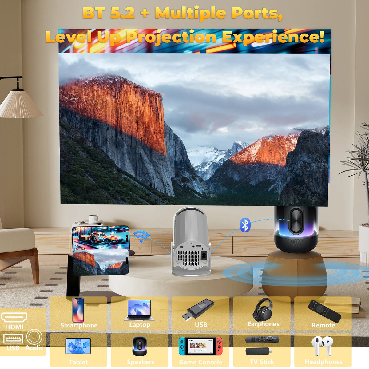 XBJ Tragbarer Mini-Beamer Silber 14 x 12 x 21,8 cm - WLAN 6 & Bluetooth 5.2 - Android 11 - 1080p & 4K-Decodierung - um 180° schwenkbar - 200 ANSI-Lumen
