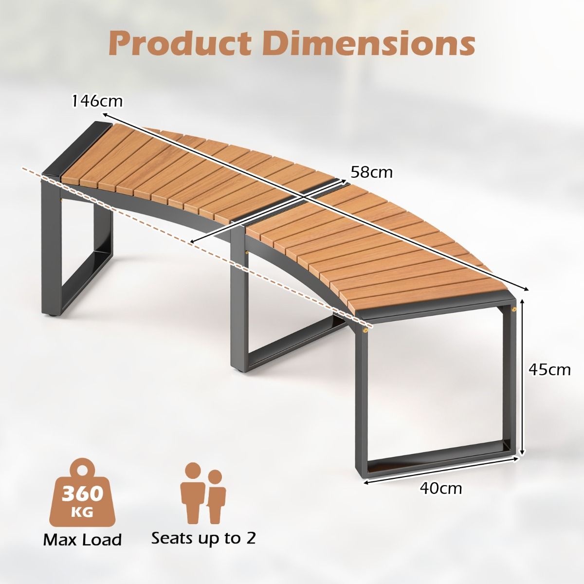 Coast Terrassenbank aus gebogenem Akazienholz – Sitzbank für 2 Personen – 146 x 58 x 45 cm – Gelb/Schwarz