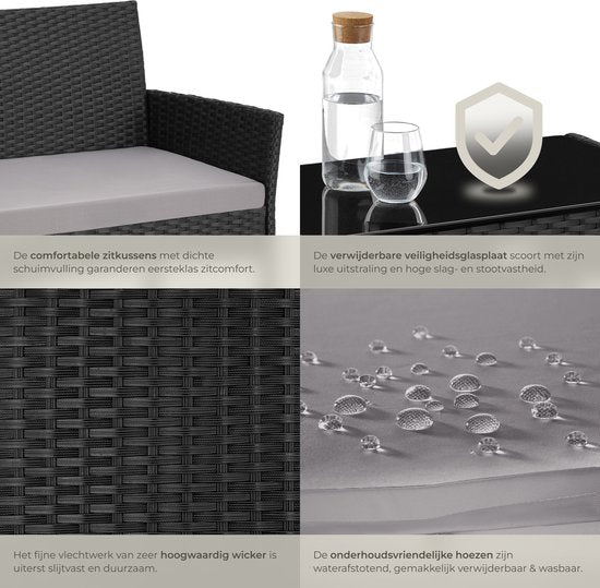 tectake® - Geflecht-Gartenset Palese - Sitzgruppe für 4 Personen - Gartenmöbel-Set mit Loungebank, Gartentisch und 2 Gartenstühlen inklusive Sitzkissen - Gartenmöbel - Wasserfest - Schwarz